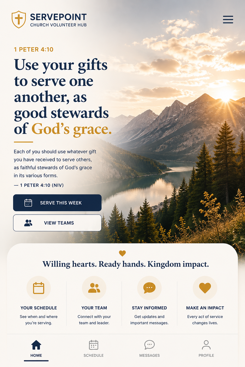 ServePoint church volunteer hub mountain lake hero with 1 Peter 4:10